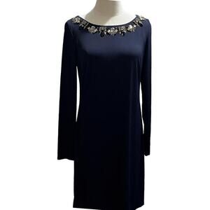 Vince Camuto Navy Long Sleeve Rhinestone Collared Sheath‎ Lined Dress Sz 10